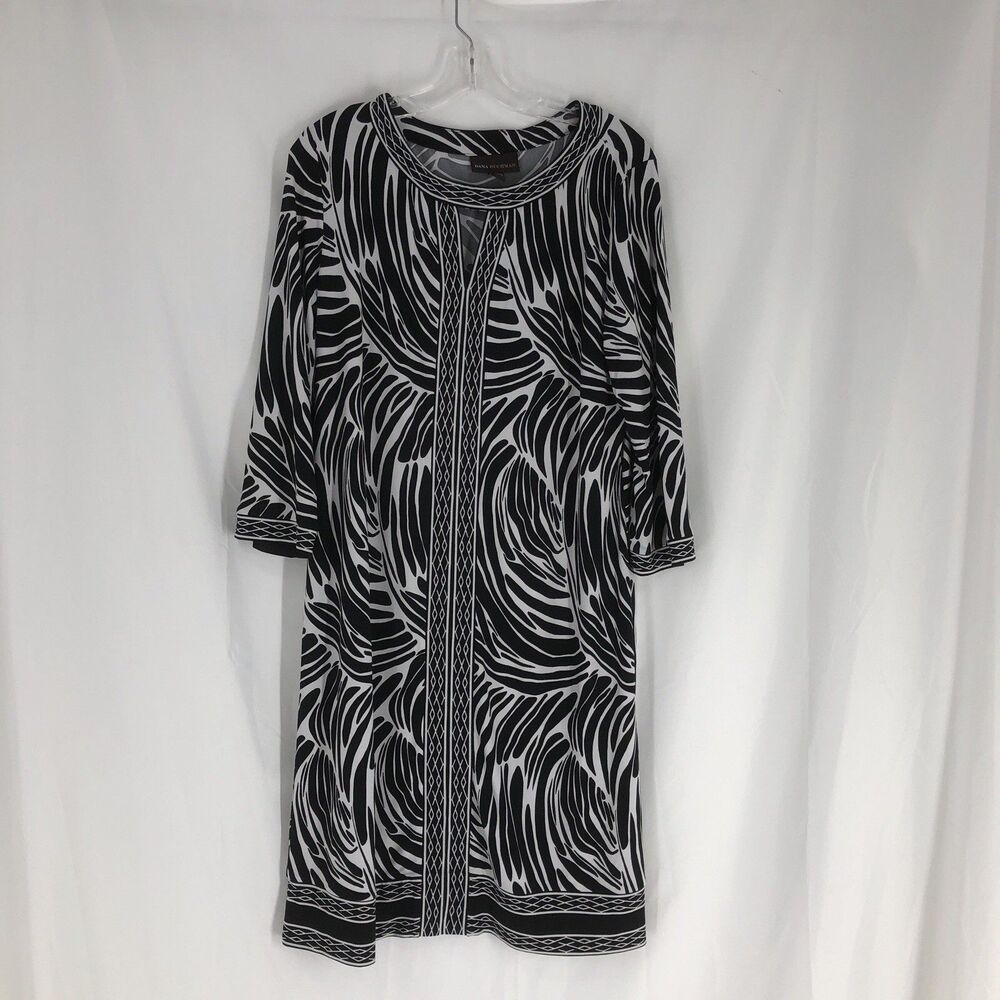 DANA BUCHMAN Black White 3/4 Sleeve Knit Shift Dress L